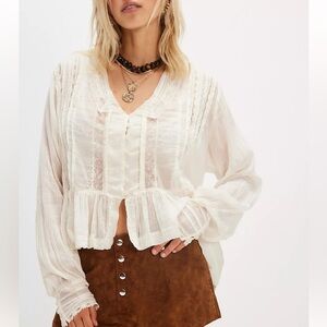 FREE PEOPLE ELODIE LACE EMBELLISHED TOP LARGE IVORY
